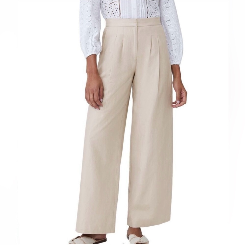 J. McLaughlin Tan High Waist Pleated‎ Wide Leg Trousers Preppy Flowy Office